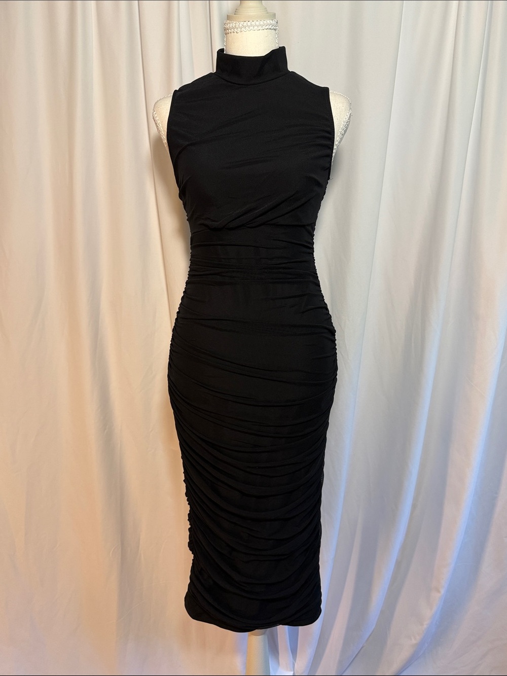 Mock-Neck Black Ruched Midi Dress